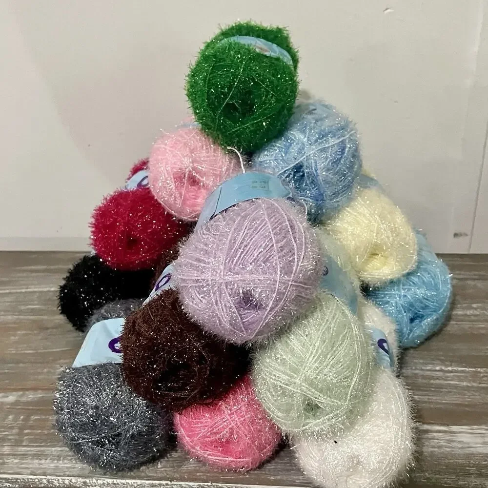 Lot of 19 Scrubby Sparkle Eyelash Yarn 50g Skeins Assorted Colors 100% Polyester